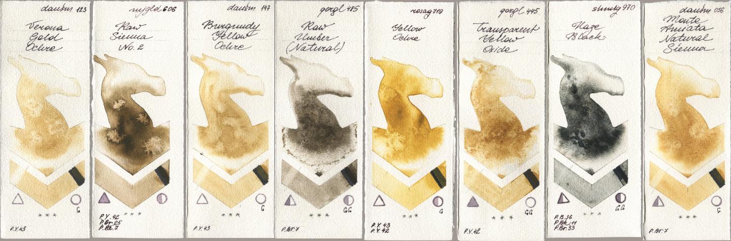 Daniel Smith 123 Verona Gold Ochre, Mijello Mission Gold 606 Raw Sienna No 2, 147 Burgundy Yellow Ochre, Golden QOR 485 Raw Umber (Natural), Rosa Gallery 719 Yellow Ochre, 445 Transparent Yellow Oxide, Shminke Horadam Aquarell 970 Haze Black, 056 Monte Amiata Natural Sien watercolor swatch
