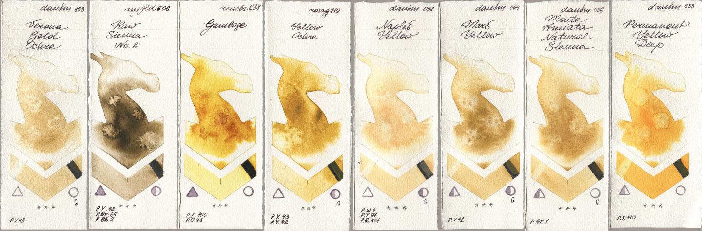 Daniel Smith 123 Verona Gold Ochre, Mijello Mission Gold 606 Raw Sienna No 2, Royal Talens Rembrandt Watercolour 238 Gamboge, Rosa Gallery 719 Yellow Ochre, 058 Naples Yellow, 054 Mars Yellow, 056 Monte Amiata Natural Sienna, 133 Permanent Yellow De watercolor swatch