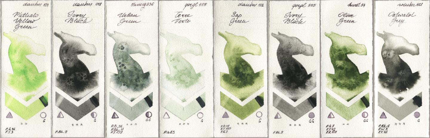 Daniel Smith 124 Phthalo Yellow Green, 048 Ivory Black, Shminke Horadam Aquarell 936 Urban Green, Golden QOR 405 Terre Verte, 102 Sap Green, 505 Ivory Black, Kuretake Gansai Tambi 054 Olive Green, Winsor & Newton Professional 428 Ostwald Gr watercolor swatch