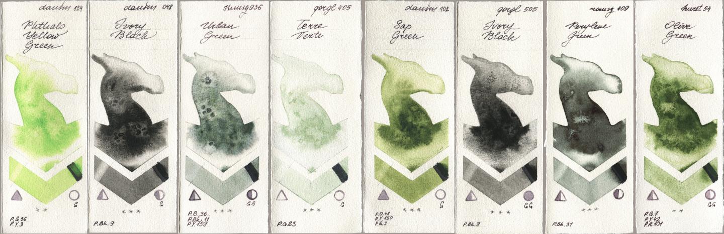 Daniel Smith 124 Phthalo Yellow Green, 048 Ivory Black, Shminke Horadam Aquarell 936 Urban Green, Golden QOR 405 Terre Verte, 102 Sap Green, 505 Ivory Black, Roman Szmal Aquarius 409 Perylene Green, Kuretake Gansai Tambi 054 Olive Gre watercolor swatch
