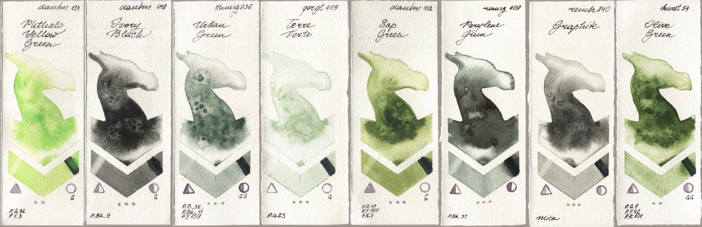 Daniel Smith 124 Phthalo Yellow Green, 048 Ivory Black, Shminke Horadam Aquarell 936 Urban Green, Golden QOR 405 Terre Verte, 102 Sap Green, Roman Szmal Aquarius 409 Perylene Green, Royal Talens Rembrandt Watercolour 840 Graphite, Kuretake Gansai Tambi 054 Olive Gre watercolor swatch