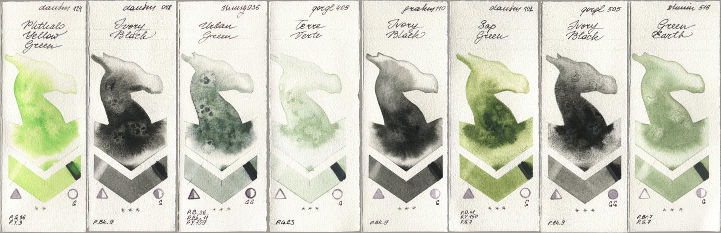 Daniel Smith 124 Phthalo Yellow Green, 048 Ivory Black, Shminke Horadam Aquarell 936 Urban Green, Golden QOR 405 Terre Verte, M. Graham & Co. Artists 110 Ivory Black, 102 Sap Green, 505 Ivory Black, 516 Green Ear watercolor swatch