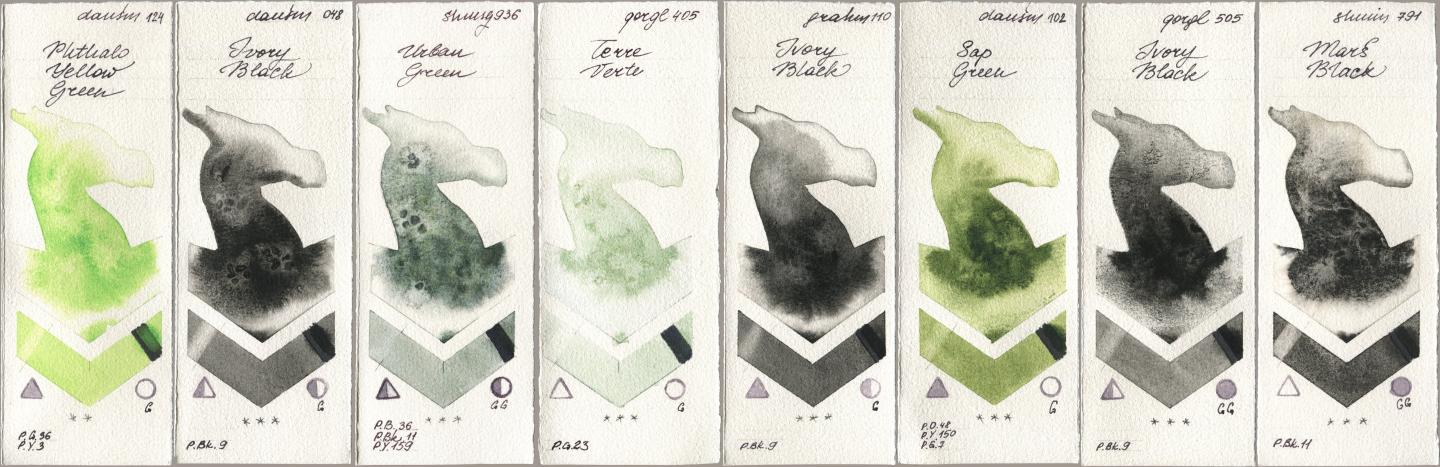 Daniel Smith 124 Phthalo Yellow Green, 048 Ivory Black, Shminke Horadam Aquarell 936 Urban Green, Golden QOR 405 Terre Verte, M. Graham & Co. Artists 110 Ivory Black, 102 Sap Green, 505 Ivory Black, 791 Mars Bla watercolor swatch