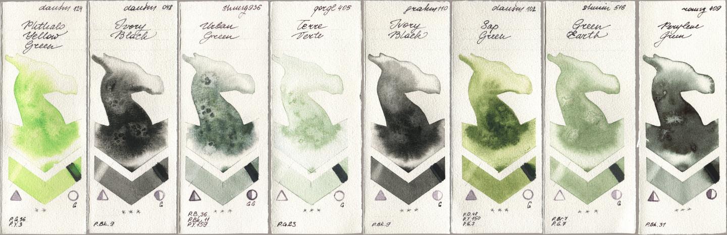 Daniel Smith 124 Phthalo Yellow Green, 048 Ivory Black, Shminke Horadam Aquarell 936 Urban Green, Golden QOR 405 Terre Verte, M. Graham & Co. Artists 110 Ivory Black, 102 Sap Green, 516 Green Earth, Roman Szmal Aquarius 409 Perylene Gre watercolor swatch