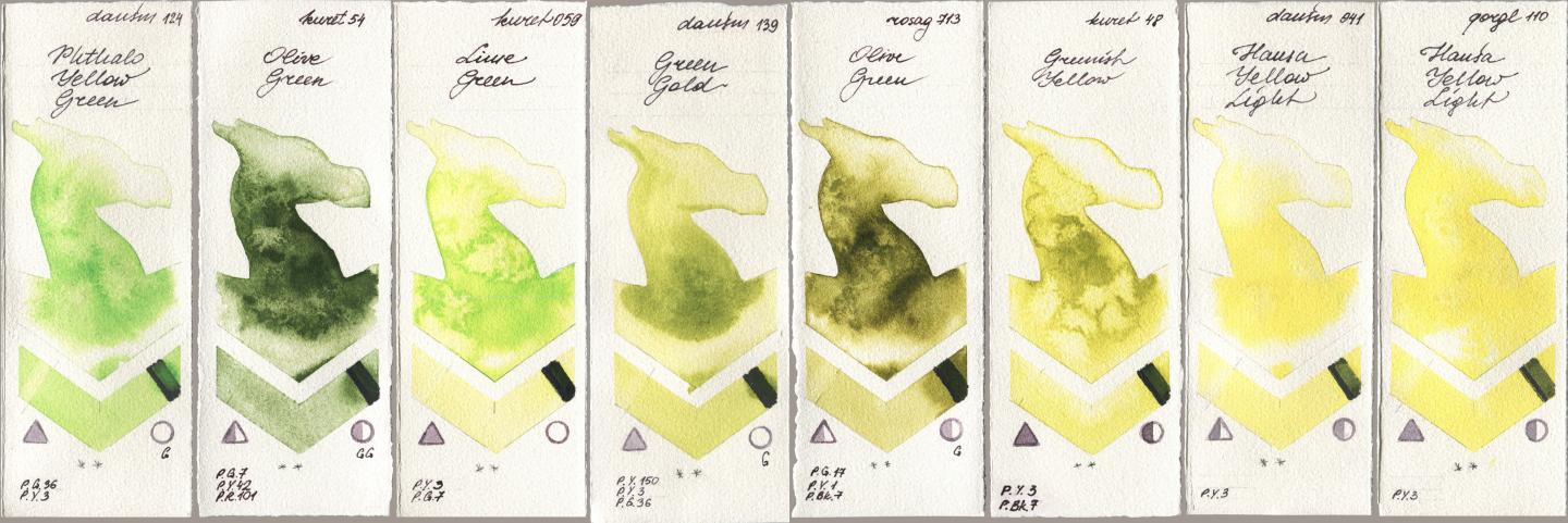 Daniel Smith 124 Phthalo Yellow Green, Kuretake Gansai Tambi 054 Olive Green, 059 Lime Green, 139 Green Gold, Rosa Gallery 713 Olive Green, 048 Greenish Yellow, 041 Hansa Yellow Light, Golden QOR 110 Hansa Yellow Lig watercolor swatch