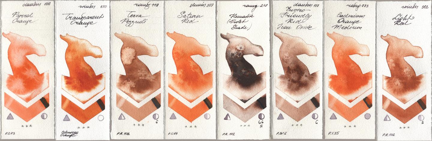 Daniel Smith 126 Pyrrol Orange, Winsor & Newton Professional 650 Transparent Orange, Roman Szmal Aquarius 119 Terra Pozzuoli, Shminke Horadam Aquarell 359 Saturn Red, 248 Hematite (Violet Shade), 177 Enviro-Friendly Red Iron Oxide, Rosa Gallery 773 Cadmium Orange Medium, 362 Light R watercolor swatch