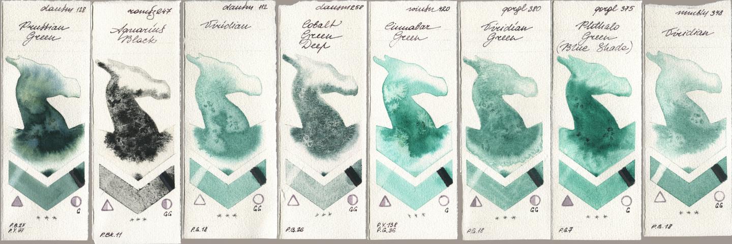 Daniel Smith 128 Prussian Green, Roman Szmal Aquarius 247 Aquarius Black, 112 Viridian, 258 Cobalt Green Deep, Winsor & Newton Professional 420 Cinnabar Green, Golden QOR 380 Viridian Green, 375 Phthalo Green (Blue Shade), Maimeri Blu 348 Viridi watercolor swatch