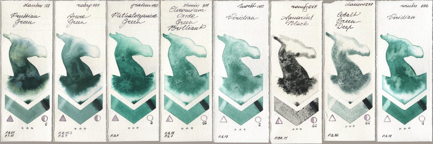 Daniel Smith 128 Prussian Green, Rosa Gallery 767 Azure Green, M. Graham & Co. Artists 150 Phthalocyanine Green, Shminke Horadam Aquarell 511 Chromium Oxide Green Brilliant, Holbein Artists Watercolor 060 Viridian, Roman Szmal Aquarius 247 Aquarius Black, 258 Cobalt Green Deep, Winsor & Newton Professional 692 Viridi watercolor swatch