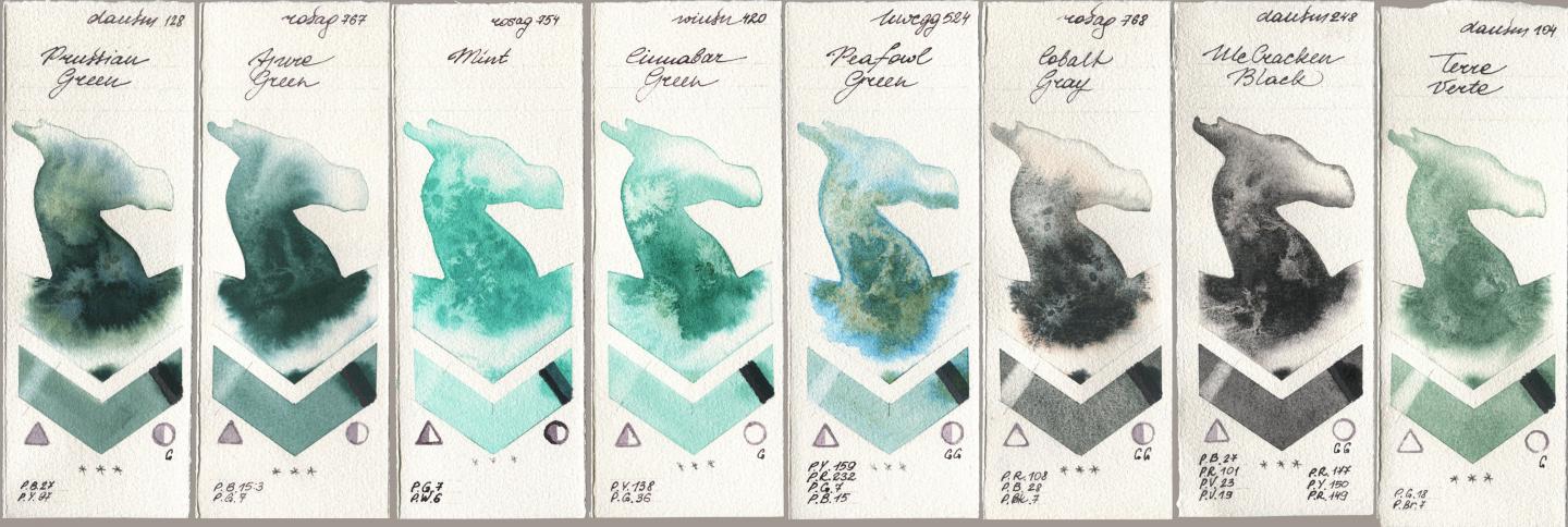 Daniel Smith 128 Prussian Green, Rosa Gallery 767 Azure Green, 754 Mint, Winsor & Newton Professional 420 Cinnabar Green, Holbein Artists Watercolor 524 Peafowl Green, 768 Cobalt Gray, 248 McCracken Black, 104 Terre Ver watercolor swatch