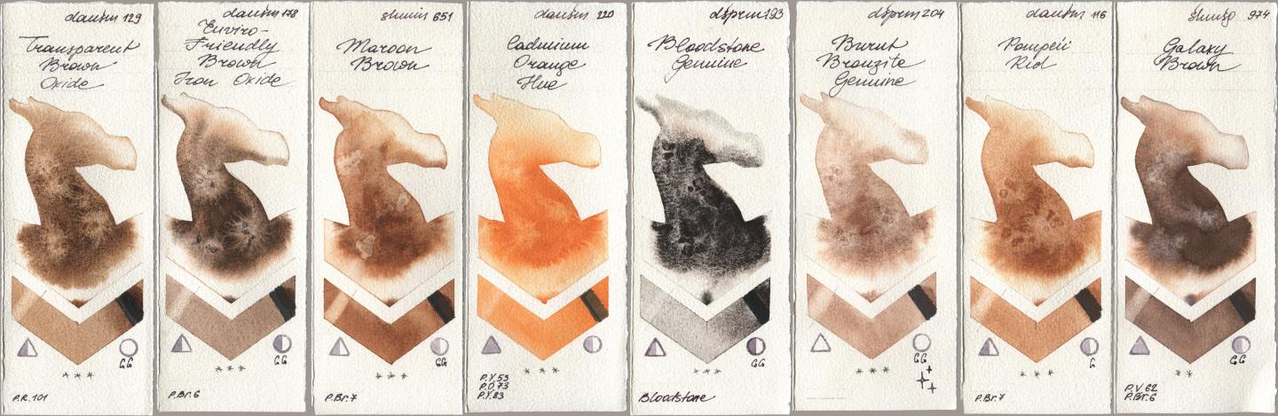 Daniel Smith 129 Transparent Brown Oxide, 178 Enviro-Friendly Brown Iron Oxide, Shminke Horadam Aquarell 651 Maroon Brown, 220 Cadmium Orange Hue, 193 Bloodstone Genuine, 204 Burnt Bronzite Genuine, 116 Pompeii Red, 974 Galaxy Bro watercolor swatch