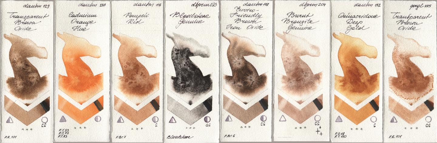 Daniel Smith 129 Transparent Brown Oxide, 220 Cadmium Orange Hue, 116 Pompeii Red, 193 Bloodstone Genuine, 178 Enviro-Friendly Brown Iron Oxide, 204 Burnt Bronzite Genuine, 152 Quinacridone Deep Gold, Golden QOR 475 Transparent Brown Oxi watercolor swatch