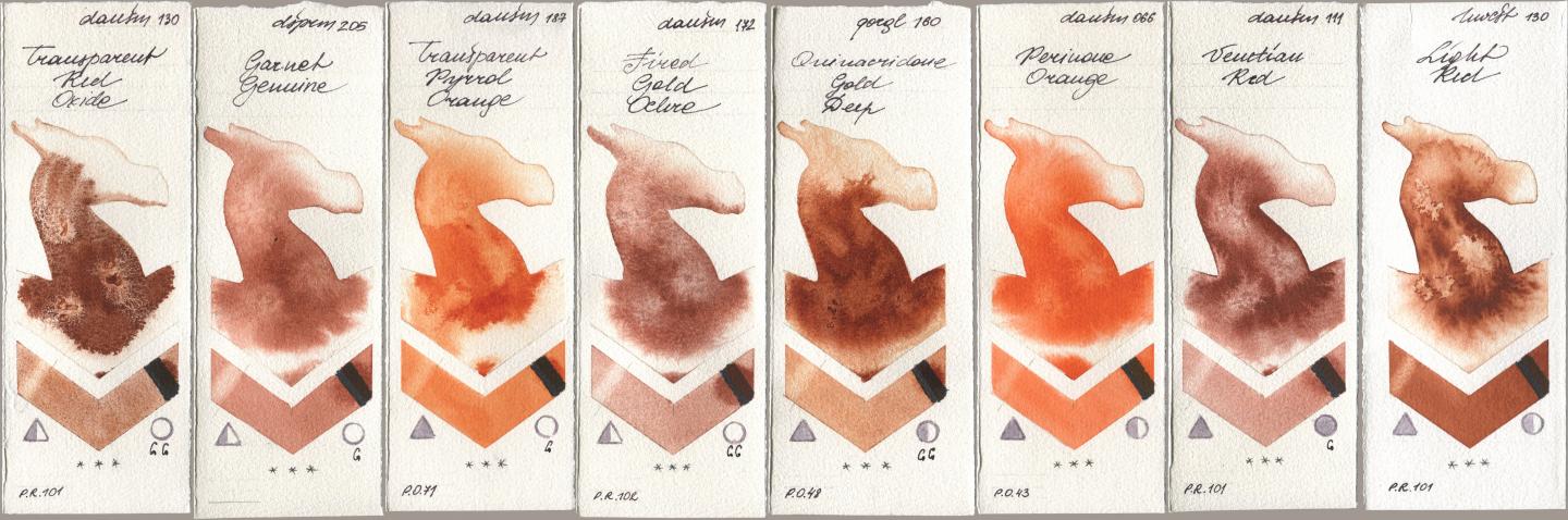 Daniel Smith 130 Transparent Red Oxide, 205 Garnet Genuine, 187 Transparent Pyrrol Orange, 172 Fired Gold Ochre, Golden QOR 160 Quinacridone Gold Deep, 066 Perinone Orange, 111 Venetian Red, Holbein Artists Watercolor 130 Light R watercolor swatch