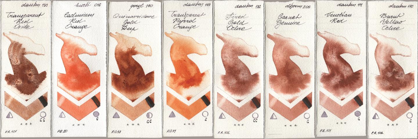Daniel Smith 130 Transparent Red Oxide, Holbein Artists Watercolor 016 Cadmium Red Orange, Golden QOR 160 Quinacridone Gold Deep, 187 Transparent Pyrrol Orange, 172 Fired Gold Ochre, 205 Garnet Genuine, 111 Venetian Red, 170 Burnt Yellow Och watercolor swatch