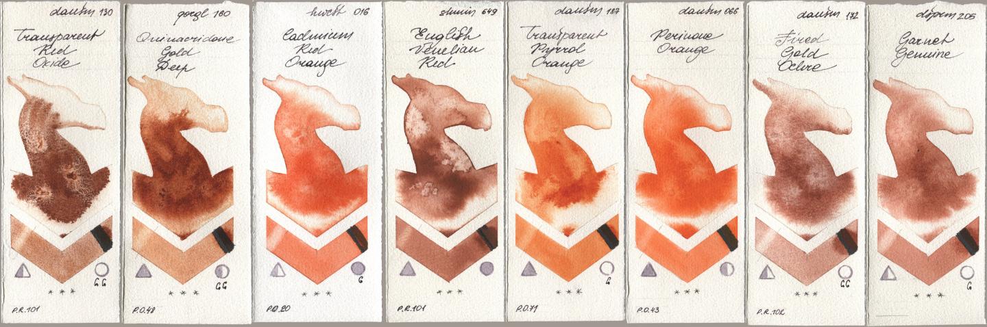 Daniel Smith 130 Transparent Red Oxide, Golden QOR 160 Quinacridone Gold Deep, Holbein Artists Watercolor 016 Cadmium Red Orange, Shminke Horadam Aquarell 649 English Venetian Red, 187 Transparent Pyrrol Orange, 066 Perinone Orange, 172 Fired Gold Ochre, 205 Garnet Genui watercolor swatch