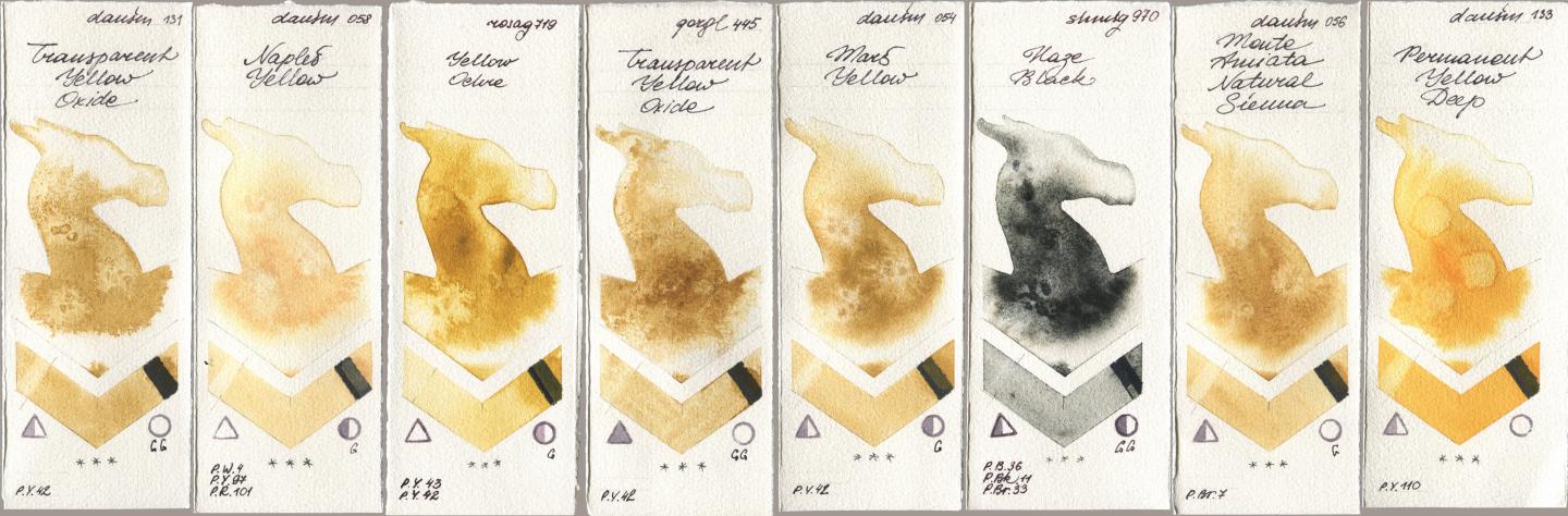 Daniel Smith 131 Transparent Yellow Oxide, 058 Naples Yellow, Rosa Gallery 719 Yellow Ochre, Golden QOR 445 Transparent Yellow Oxide, 054 Mars Yellow, Shminke Horadam Aquarell 970 Haze Black, 056 Monte Amiata Natural Sienna, 133 Permanent Yellow De watercolor swatch