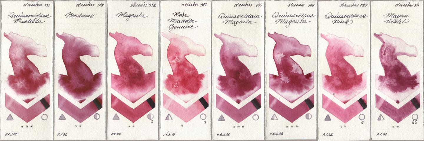 Daniel Smith 132 Quinacridone Fuchsia, 008 Bordeaux, Shminke Horadam Aquarell 352 Magenta, Winsor & Newton Professional 587 Rose Madder Genuine, 090 Quinacridone Magenta, 369 Quinacridone Magenta, 095 Quinacridone Pink, 214 Mayan Viol watercolor swatch