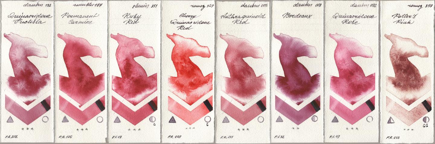 Daniel Smith 132 Quinacridone Fuchsia, Maimeri Blu 167 Permanent Carmine, Shminke Horadam Aquarell 351 Ruby Red, Roman Szmal Aquarius 329 Cherry Quinacridone Red, 005 Anthraquinoid Red, 008 Bordeaux, 092 Quinacridone Rose, 359 Potters Pi watercolor swatch