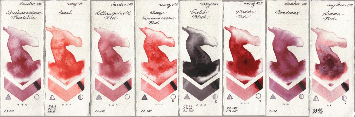 Daniel Smith 132 Quinacridone Fuchsia, Rosa Gallery 756 Coral, 005 Anthraquinoid Red, Roman Szmal Aquarius 329 Cherry Quinacridone Red, 765 Violet Black, 725 Madder Red, 008 Bordeaux, Mijello Mission Gold 806 Aurora R watercolor swatch