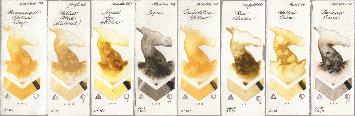 Daniel Smith 133 Permanent Yellow Deep, Golden QOR 440 Yellow Ochre (Natural), 061 Nickel Azo Yellow, 103 Sepia, 218 Isoindoline Yellow, Mijello Mission Gold 563 Raw Umber, Kuretake Gansai Tambi 044 Yellow Ochre, Kusakabe 012 Darkness Sa watercolor swatch