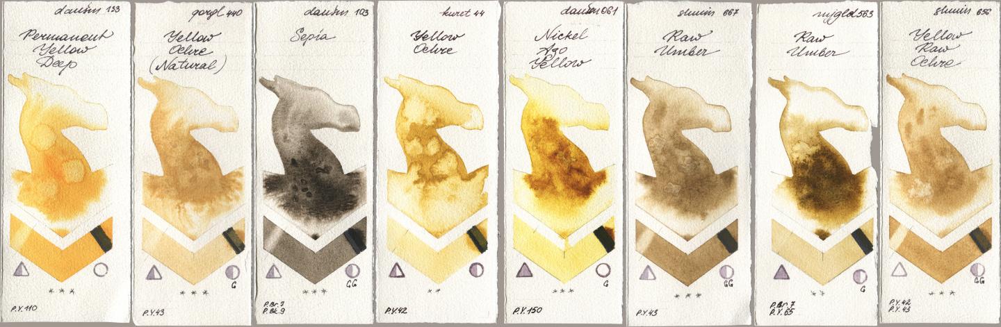 Daniel Smith 133 Permanent Yellow Deep, Golden QOR 440 Yellow Ochre (Natural), 103 Sepia, Kuretake Gansai Tambi 044 Yellow Ochre, 061 Nickel Azo Yellow, Shminke Horadam Aquarell 667 Raw Umber, Mijello Mission Gold 563 Raw Umber, 656 Yellow Raw Och watercolor swatch