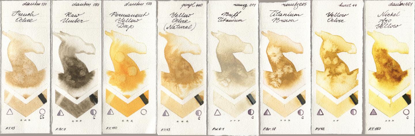 Daniel Smith 134 French Ochre, 097 Raw Umber, 133 Permanent Yellow Deep, Golden QOR 440 Yellow Ochre (Natural), Roman Szmal Aquarius 201 Buff Titanium, 265 Titanium Brown, Kuretake Gansai Tambi 044 Yellow Ochre, 061 Nickel Azo Yell watercolor swatch