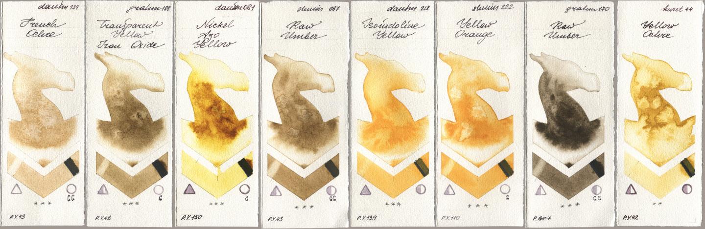 Daniel Smith 134 French Ochre, M. Graham & Co. Artists 188 Transparent Yellow Iron Oxide, 061 Nickel Azo Yellow, Shminke Horadam Aquarell 667 Raw Umber, 218 Isoindoline Yellow, 222 Yellow Orange, 170 Raw Umber, Kuretake Gansai Tambi 044 Yellow Och watercolor swatch