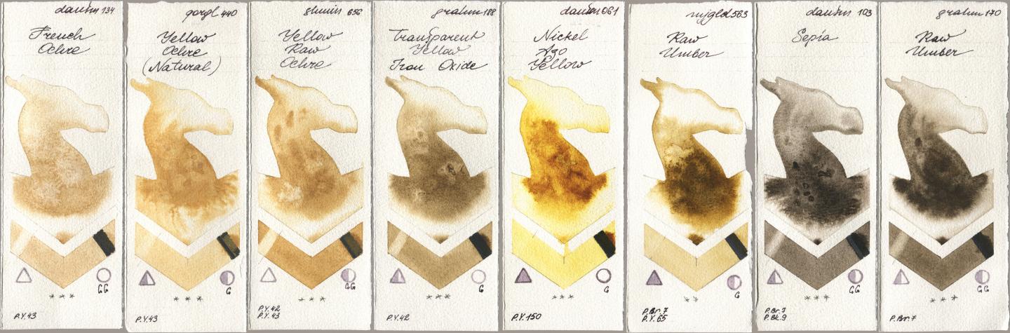 Daniel Smith 134 French Ochre, Golden QOR 440 Yellow Ochre (Natural), Shminke Horadam Aquarell 656 Yellow Raw Ochre, M. Graham & Co. Artists 188 Transparent Yellow Iron Oxide, 061 Nickel Azo Yellow, Mijello Mission Gold 563 Raw Umber, 103 Sepia, 170 Raw Umb watercolor swatch