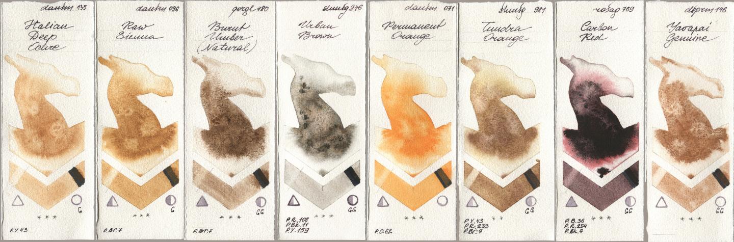 Daniel Smith 135 Italian Deep Ochre, 096 Raw Sienna, Golden QOR 480 Burnt Umber (Natural), Shminke Horadam Aquarell 946 Urban Brown, 071 Permanent Orange, 981 Tundra Orange, Rosa Gallery 769 Carbon Red, 146 Yavapai Genui watercolor swatch