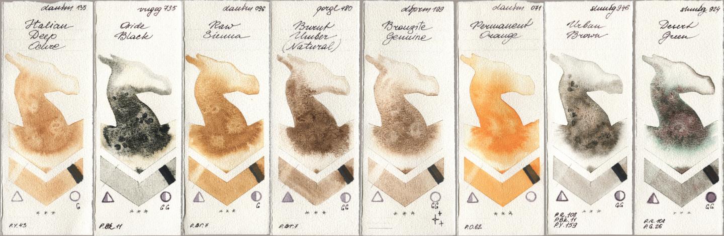Daniel Smith 135 Italian Deep Ochre, Royal Talens Van Gogh Watercolour 735 Oxide Black, 096 Raw Sienna, Golden QOR 480 Burnt Umber (Natural), 199 Bronzite Genuine, 071 Permanent Orange, Shminke Horadam Aquarell 946 Urban Brown, 924 Desert Gre watercolor swatch