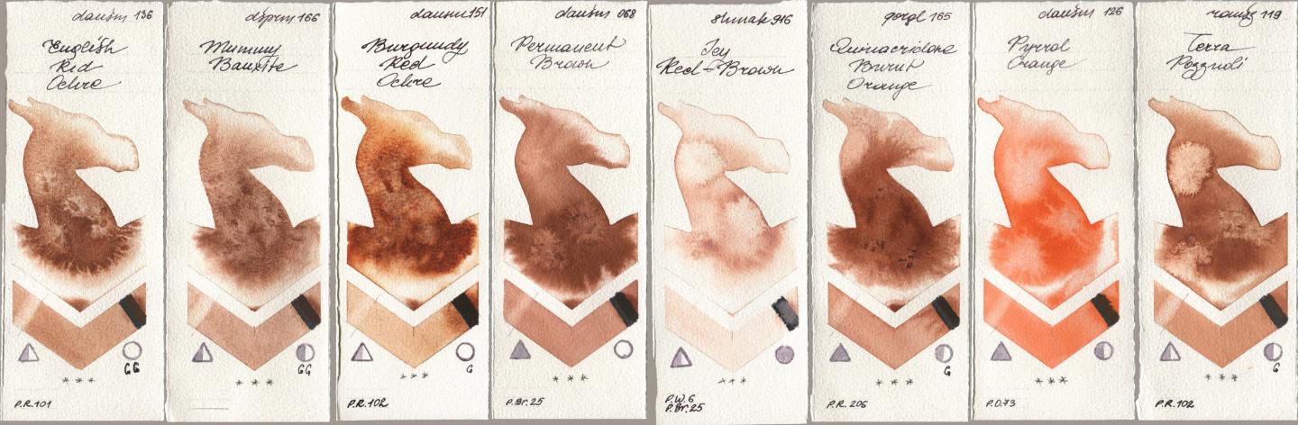 Daniel Smith 136 English Red Ochre, 166 Mummy Bauxite, 151 Burgundy Red Ochre, 068 Permanent Brown, Shminke Akademie Aquarell 916 Icy Red-Brown, Golden QOR 165 Quinacridone Burnt Orange, 126 Pyrrol Orange, Roman Szmal Aquarius 119 Terra Pozzuo watercolor swatch