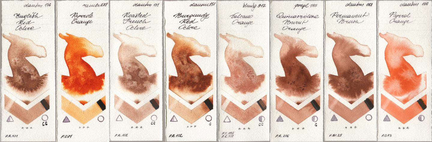 Daniel Smith 136 English Red Ochre, Royal Talens Rembrandt Watercolour 278 Pyrrole Orange, 171 Roasted French Ochre, 151 Burgundy Red Ochre, Shminke Horadam Aquarell 912 Volcano Orange, Golden QOR 165 Quinacridone Burnt Orange, 068 Permanent Brown, 126 Pyrrol Oran watercolor swatch