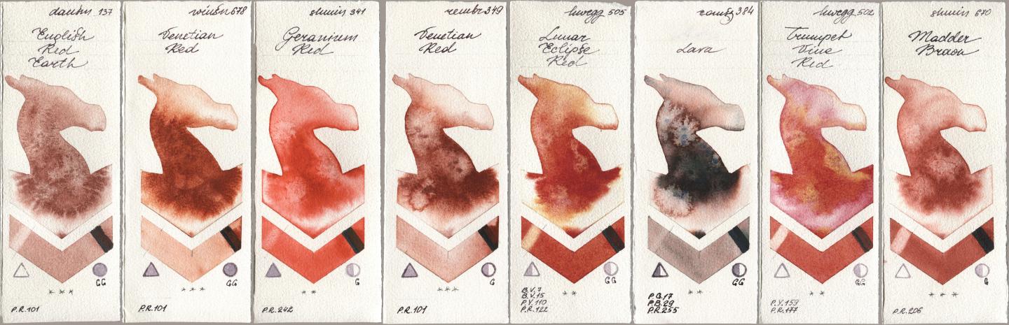 Daniel Smith 137 English Red Earth, Winsor & Newton Professional 678 Venetian Red, Shminke Horadam Aquarell 341 Geranium Red, Royal Talens Rembrandt Watercolour 349 Venerian Red, Holbein Artists Watercolor 505 Lunar Eclipse Red, Roman Szmal Aquarius 384 Lava, 502 Trumpet Vine Red, 670 Madder Bro watercolor swatch