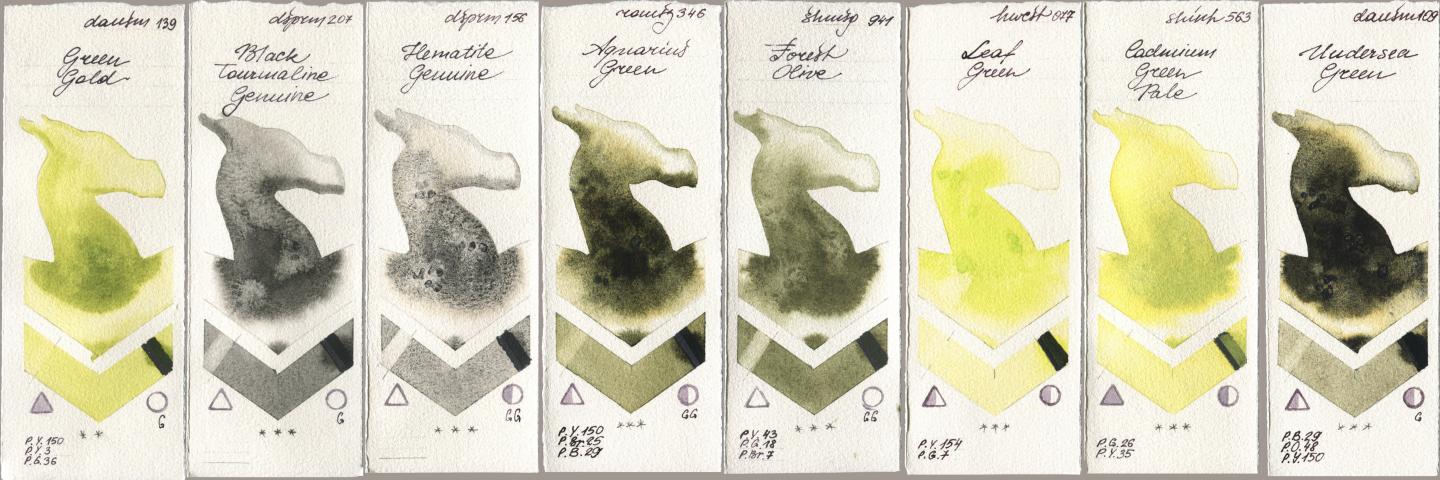 Daniel Smith 139 Green Gold, 207 Black Tourmaline Genuine, 156 Hematite Genuine, Roman Szmal Aquarius 346 Aquarius Green, Shminke Horadam Aquarell 941 Forest Olive, Holbein Artists Watercolor 077 Leaf Green, Shinhan PWC 563 Cadmium Green Pale, 109 Undersea Gre watercolor swatch