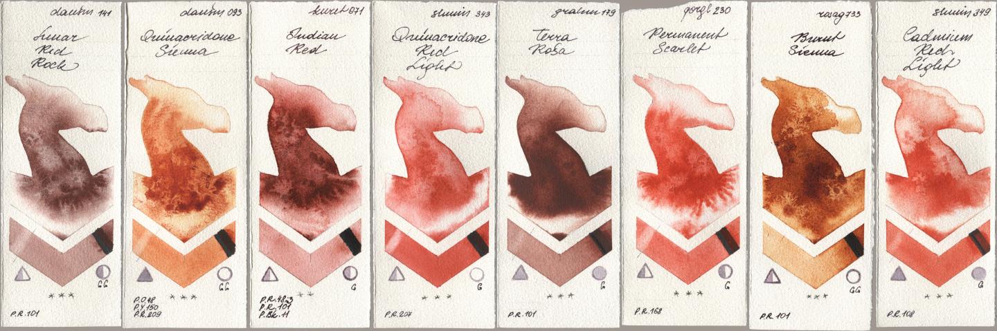 Daniel Smith 141 Lunar Red Rock, 093 Quinacridone Sienna, Kuretake Gansai Tambi 071 Indian Red, Shminke Horadam Aquarell 343 Quinacridone Red Light, M. Graham & Co. Artists 179 Terra Rosa, Golden QOR 230 Permanent Scarlet, Rosa Gallery 733 Burnt Sienna, 349 Cadmium Red Lig watercolor swatch