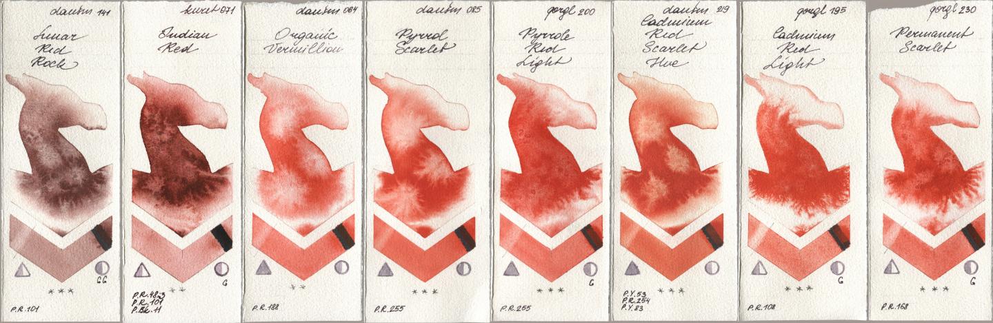 Daniel Smith 141 Lunar Red Rock, Kuretake Gansai Tambi 071 Indian Red, 064 Organic Vermilion, 085 Pyrrol Scarlet, Golden QOR 200 Pyrrole Red Light, 219 Cadmium Red Scarlet Hue, 195 Cadmium Red Light, 230 Permanent Scarl watercolor swatch