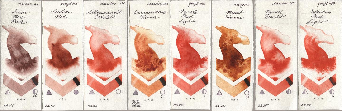 Daniel Smith 141 Lunar Red Rock, Golden QOR 465 Venetian Red, 224 Anthraquinoid Scarlet, 093 Quinacridone Sienna, 200 Pyrrole Red Light, Rosa Gallery 733 Burnt Sienna, 085 Pyrrol Scarlet, 195 Cadmium Red Lig watercolor swatch
