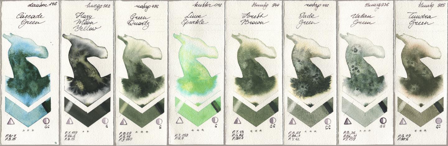 Daniel Smith 142 Cascade Green, Holbein Artists Watercolor 562 Hazy Moon Yellow, Rosa Gallery 786 Green Quartz, Kusakabe 016 Lime Sparkle, Shminke Horadam Aquarell 944 Forest Brown, 766 Jade Green, 936 Urban Green, 985 Tundra Gre watercolor swatch