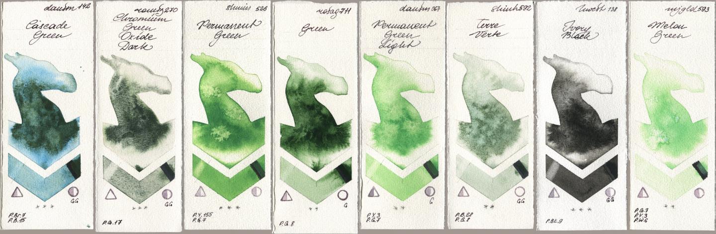 Daniel Smith 142 Cascade Green, Roman Szmal Aquarius 270 Chromium Green Oxide Dark, Shminke Horadam Aquarell 526 Permanent Green, Rosa Gallery 711 Green, 067 Permanent Green Light, Shinhan PWC 592 Terre Verte, Holbein Artists Watercolor 138 Ivory Black, Mijello Mission Gold 593 Melon Gre watercolor swatch