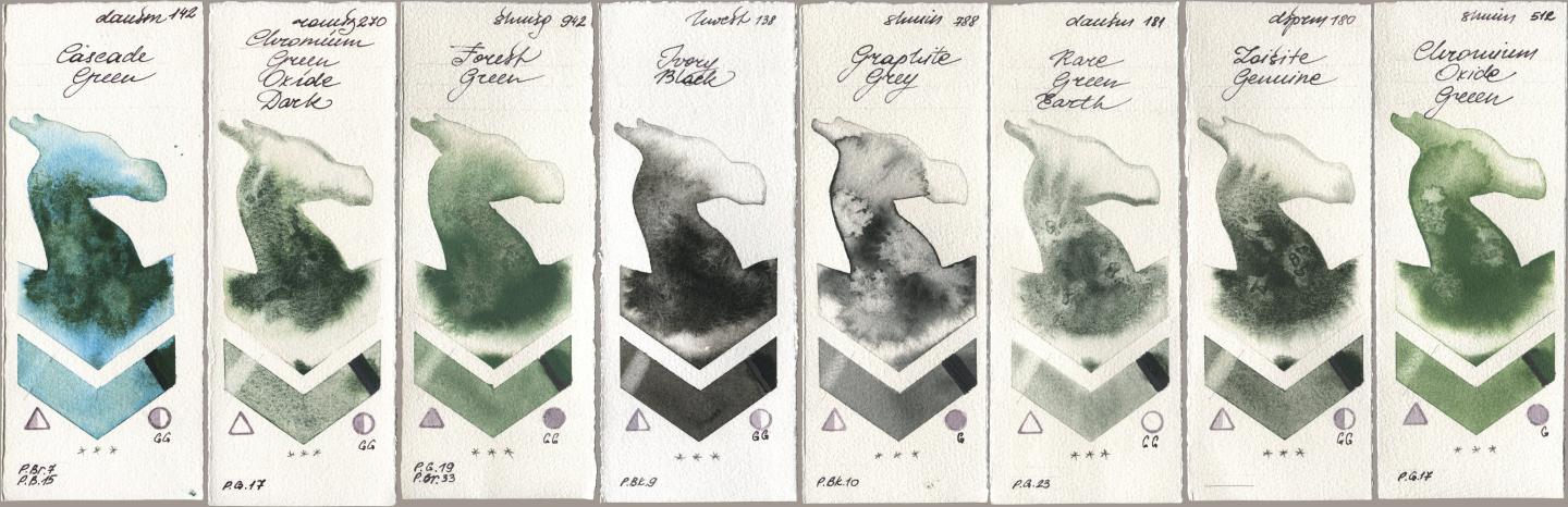 Daniel Smith 142 Cascade Green, Roman Szmal Aquarius 270 Chromium Green Oxide Dark, Shminke Horadam Aquarell 942 Forest Green, Holbein Artists Watercolor 138 Ivory Black, 788 Graphite Grey, 181 Rare Green Earth, 180 Zoisite Genuine, 512 Chromium Oxide Gre watercolor swatch