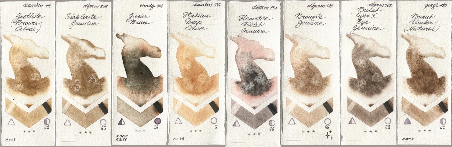 Daniel Smith 144 Goethite (Brown Ochre), 209 Sicklerite Genuine, Shminke Horadam Aquarell 964 Glacier Brown, 135 Italian Deep Ochre, 157 Hematite Violet Genuine, 199 Bronzite Genuine, 162 Burnt Tigers Eye Genuine, Golden QOR 480 Burnt Umber (Natura watercolor swatch