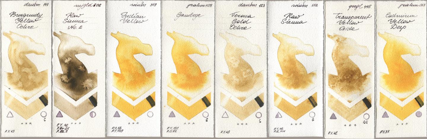 Daniel Smith 147 Burgundy Yellow Ochre, Mijello Mission Gold 606 Raw Sienna No 2, Winsor & Newton Professional 319 Indian Yellow, M. Graham & Co. Artists 105 Gamboge, 123 Verona Gold Ochre, 552 Raw Sienna, Golden QOR 445 Transparent Yellow Oxide, 063 Cadmium Yellow De watercolor swatch
