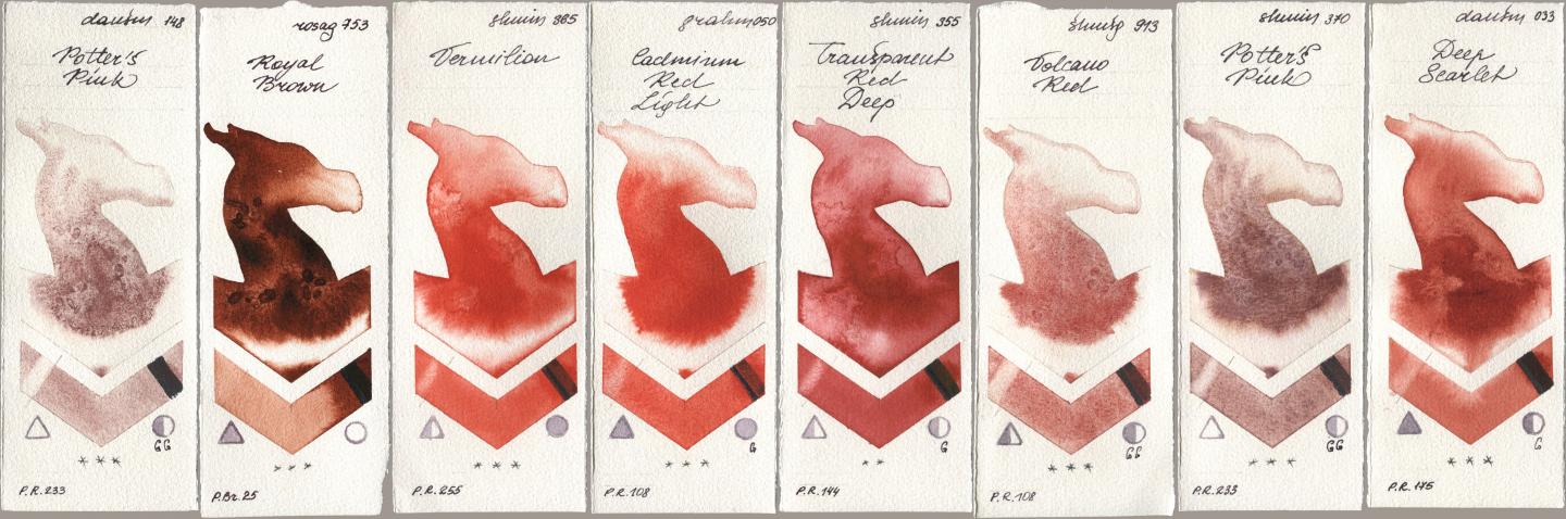 Daniel Smith 148 Potters Pink, Rosa Gallery 753 Royal Brown, Shminke Horadam Aquarell 365 Vermilion, M. Graham & Co. Artists 050 Cadmium Red Light, 355 Transparent Red Deep, 913 Volcano Red, 370 Potters Pink, 033 Deep Scarl watercolor swatch