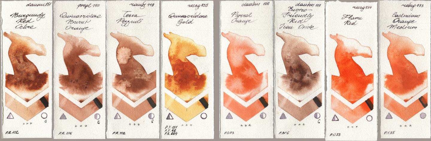 Daniel Smith 151 Burgundy Red Ochre, Golden QOR 165 Quinacridone Burnt Orange, Roman Szmal Aquarius 119 Terra Pozzuoli, Rosa Gallery 735 Quinacridone Gold, 126 Pyrrol Orange, 177 Enviro-Friendly Red Iron Oxide, 734 Flame Red, 773 Cadmium Orange Medi watercolor swatch