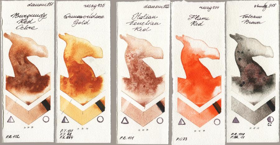 Daniel Smith 151 Burgundy Red Ochre vs Rosa Gallery 735 Quinacridone Gold vs 122 Italian Venetian Red vs 734 Flame Red vs Shminke Horadam Aquarell 915 Volcano Brown watercolor swatch
