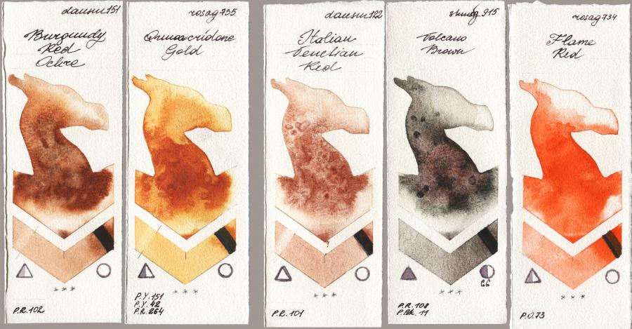 Daniel Smith 151 Burgundy Red Ochre vs Rosa Gallery 735 Quinacridone Gold vs 122 Italian Venetian Red vs Shminke Horadam Aquarell 915 Volcano Brown vs 734 Flame Red watercolor swatch