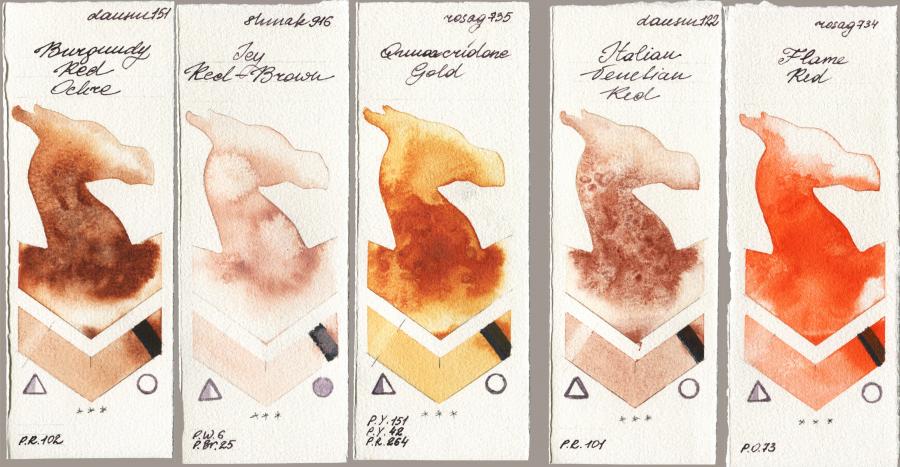 Daniel Smith 151 Burgundy Red Ochre vs Shminke Akademie Aquarell 916 Icy Red-Brown vs Rosa Gallery 735 Quinacridone Gold vs 122 Italian Venetian Red vs 734 Flame Red watercolor swatch