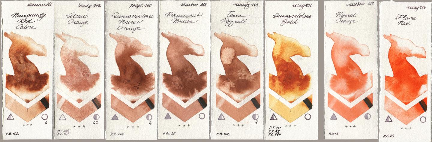 Daniel Smith 151 Burgundy Red Ochre, Shminke Horadam Aquarell 912 Volcano Orange, Golden QOR 165 Quinacridone Burnt Orange, 068 Permanent Brown, Roman Szmal Aquarius 119 Terra Pozzuoli, Rosa Gallery 735 Quinacridone Gold, 126 Pyrrol Orange, 734 Flame R watercolor swatch