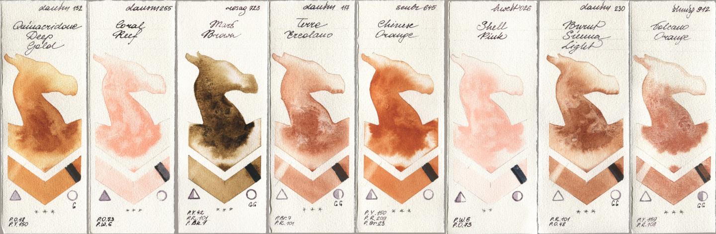 Daniel Smith 152 Quinacridone Deep Gold, 255 Coral Reef, Rosa Gallery 723 Mars Brown, 117 Terre Ercolano, Sennelier l Aquarelle 645 Chinese Orange, Holbein Artists Watercolor 026 Shell Pink, 230 Burnt Sienna Light, Shminke Horadam Aquarell 912 Volcano Oran watercolor swatch