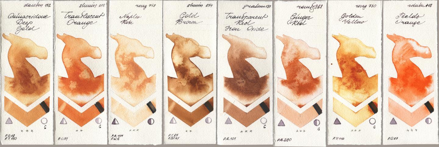 Daniel Smith 152 Quinacridone Deep Gold, Shminke Horadam Aquarell 218 Translucent Orange / Transparent Orange, Rosa Gallery 748 Naples Rose, 654 Gold Brown, M. Graham & Co. Artists 187 Transparent Red Iron Oxide, Roman Szmal Aquarius 368 Genger Red, 730 Golden Yellow, Winsor & Newton Professional 418 Fields Oran watercolor swatch