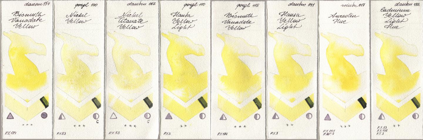 Daniel Smith 154 Bismuth Vanadate Yellow, Golden QOR 100 Nickel Yellow, 062 Nickel Titanate Yellow, 110 Hansa Yellow Light, 115 Bismuth Vanadate Yellow, 041 Hansa Yellow Light, Winsor & Newton Professional 417 Aureolin Hue, 192 Cadmium Yellow Light H watercolor swatch